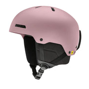 Pink helmet with black interior and straps on a white background
