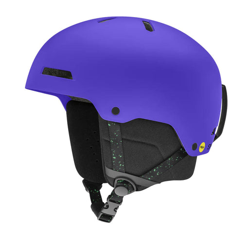 Purple helmet with black interior and straps on a white background