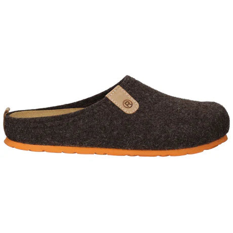 Brown slipper with orange sole on a white background