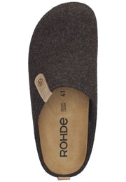 Dark brown slipper with tan insole displaying 'ROHDE' branding on a white background