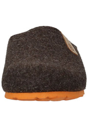 Brown slippers with orange sole on a white background