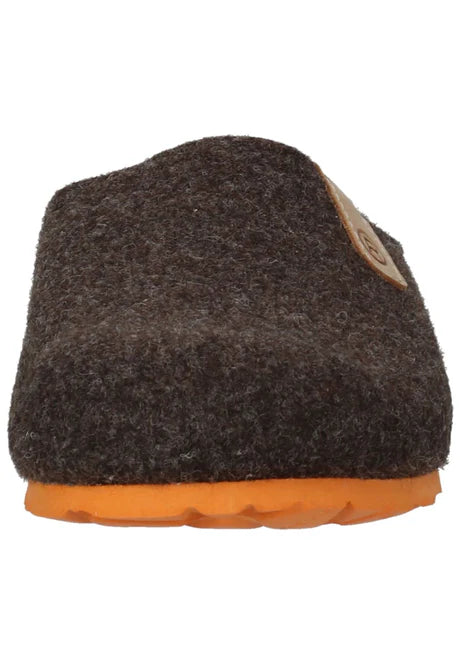Brown slippers with orange sole on a white background