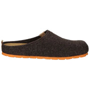 Dark brown slipper with orange sole on a white background