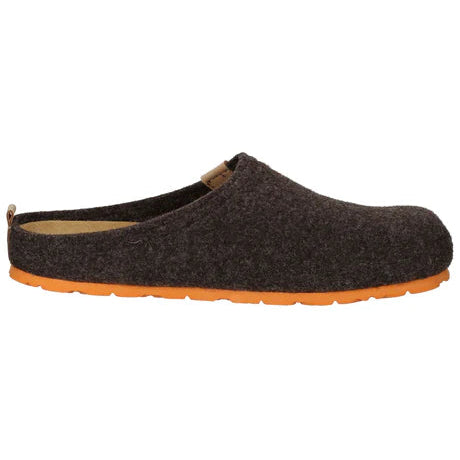 Dark brown slipper with orange sole on a white background
