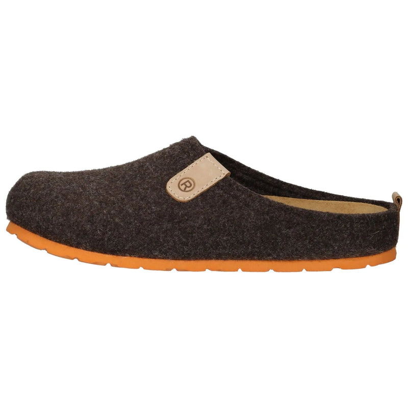 Brown slipper with orange sole on a white background