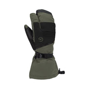 Green and black glove on a light gray background