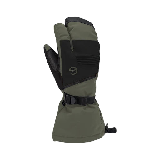 Green and black glove on a light gray background