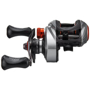 A black and gray fishing reel with red details on a white background