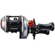 A black and gray fishing reel with red details on a white background