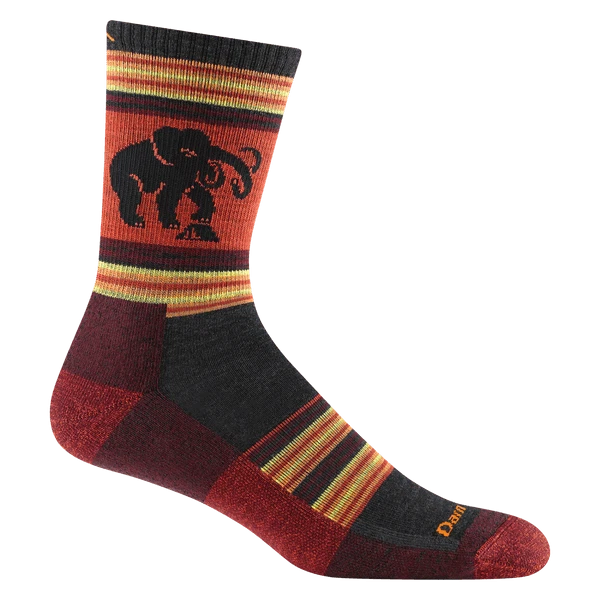 Red and orange patterned socks with an elephant motif on a white background.