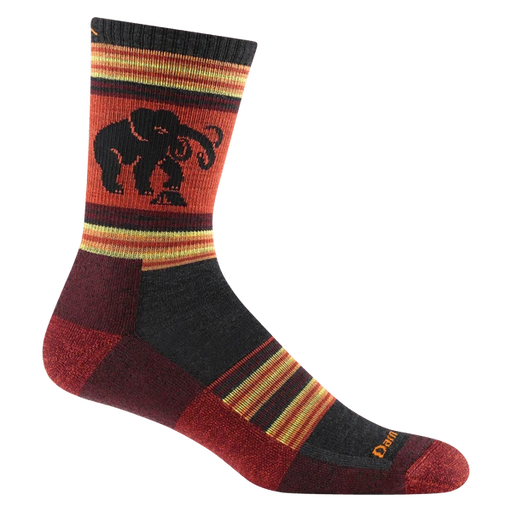 Red and orange patterned socks with an elephant motif on a white background.