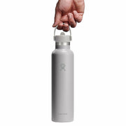 Silver water bottle with a hand holding the cap on a white background