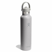 Gray water bottle with a silver cap on a white background