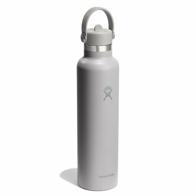 Gray water bottle with a silver cap on a white background