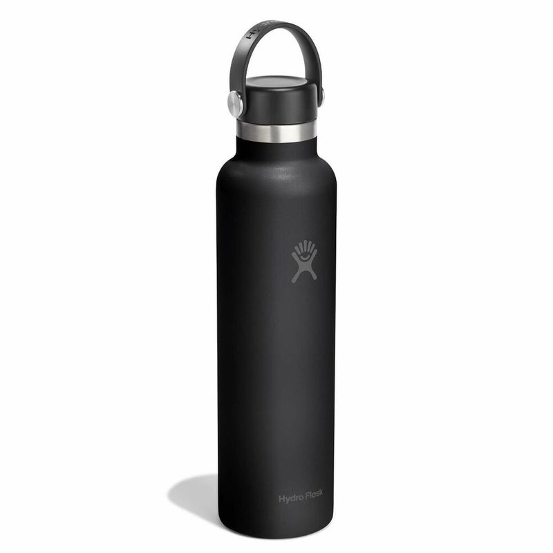 A matte black Hydro Flask water bottle with a dark gray loop lid and a silver metallic collar, shown on a clean white background.