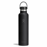 A matte black Hydro Flask water bottle with a matching black lid and carry loop, featuring the iconic Hydro Flask hand logo and 'Hydro Flask' text near the bottom, set against a plain white background.