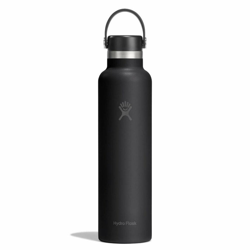 A matte black Hydro Flask water bottle with a matching black lid and carry loop, featuring the iconic Hydro Flask hand logo and 'Hydro Flask' text near the bottom, set against a plain white background.