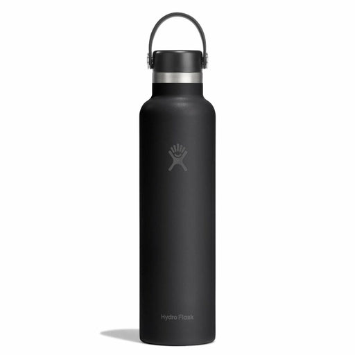 A matte black Hydro Flask water bottle with a matching black lid and carry loop, featuring the iconic Hydro Flask hand logo and 'Hydro Flask' text near the bottom, set against a plain white background.
