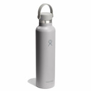 A Hydro Flask insulated water bottle in matte gray with a matching gray cap and carry loop, shown on a clean white background.