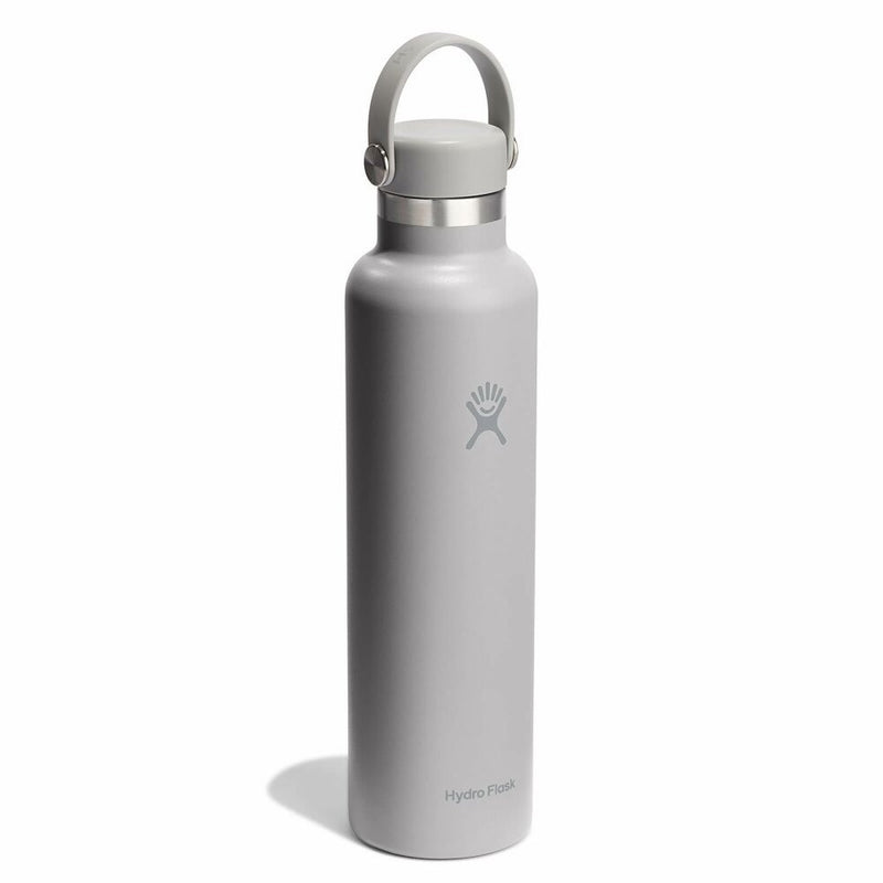 A Hydro Flask insulated water bottle in matte gray with a matching gray cap and carry loop, shown on a clean white background.