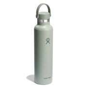 A Hydro Flask insulated water bottle in a matte sage green color, featuring a matching green lid with a carry loop and a silver metal band, shown on a white background.