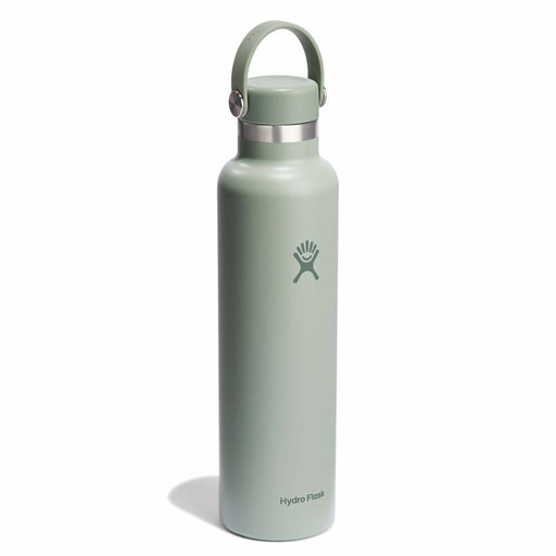 A Hydro Flask insulated water bottle in a matte sage green color, featuring a matching green lid with a carry loop and a silver metal band, shown on a white background.