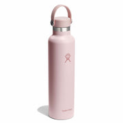 Pink water bottle with a silver cap on a white background