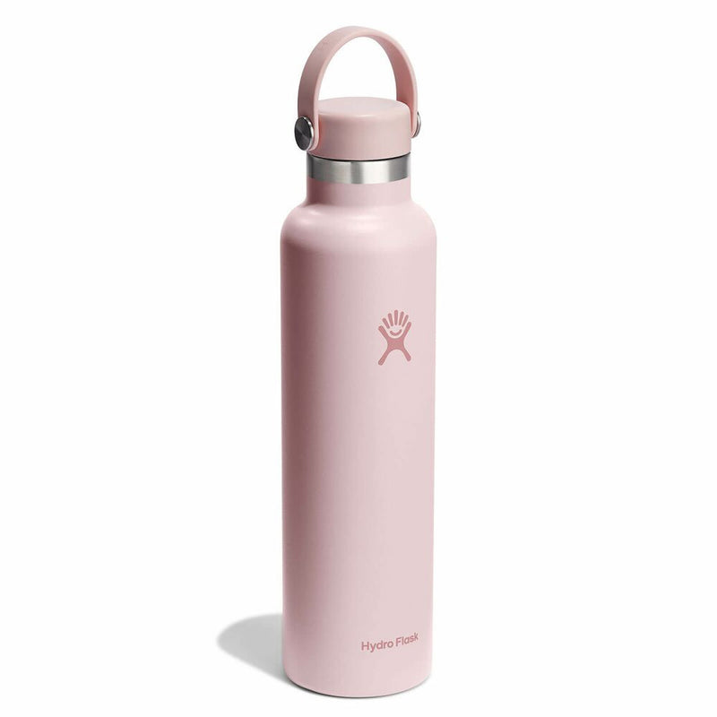 Pink water bottle with a silver cap on a white background