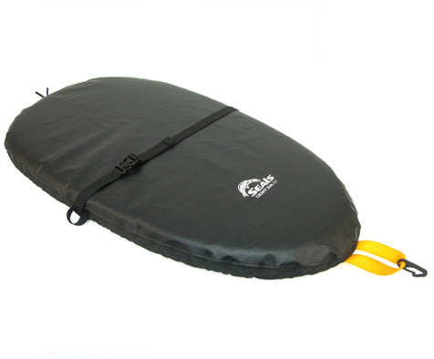 Black kayak cockpit seal with a yellow strap on a white background, featuring the Seals Outfitters logo.
