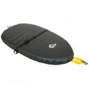 A black kayak cockpit seal with a black strap closure and a small white logo, shown on a plain white background with a yellow carrying loop attached.