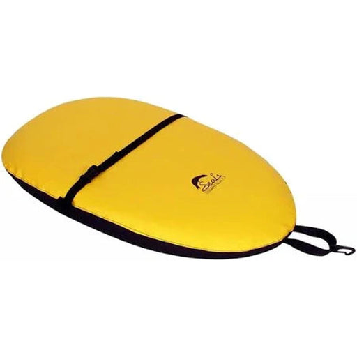 A bright yellow kayak cockpit seal with black trim and a black strap, featuring a small logo on the front, shown on a plain white background.