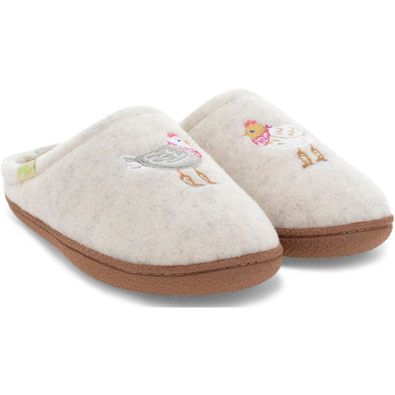 A pair of white slippers with hen designs on a white background
