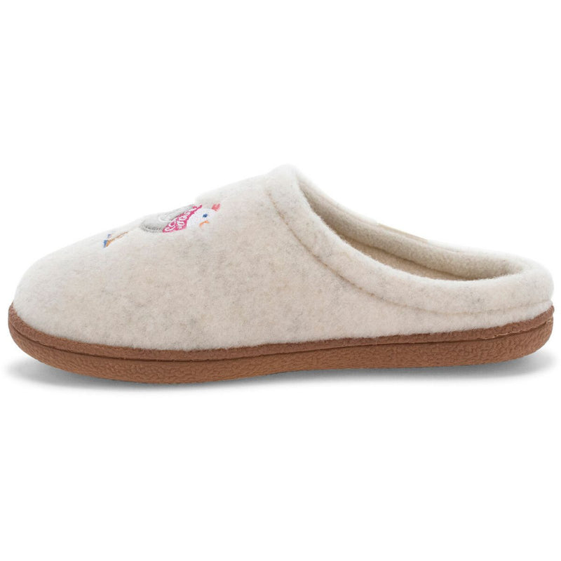 The side of a white slipper with a hen design on a white background