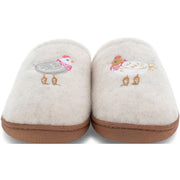 A pair of white slipper with hen designs on them from the front on a white background