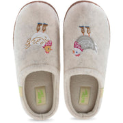 The top view of a pair of white slippers with hen designs on a white background