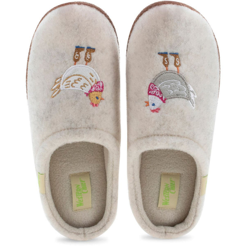 The top view of a pair of white slippers with hen designs on a white background
