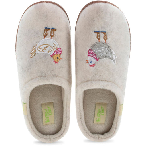 The top view of a pair of white slippers with hen designs on a white background