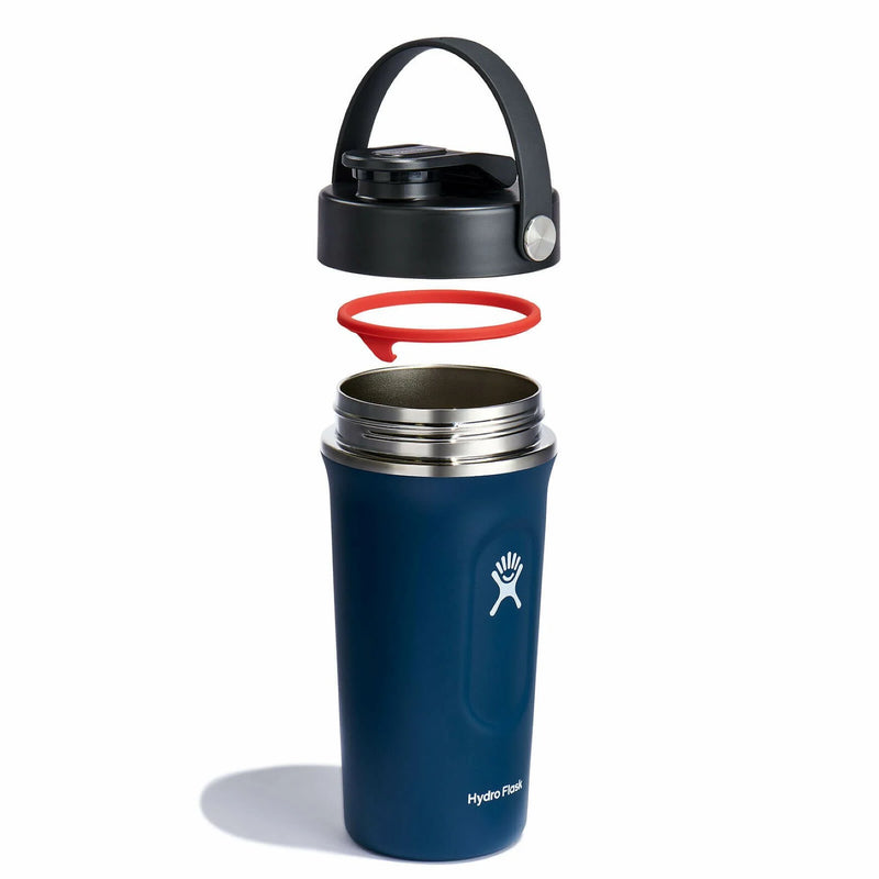 Blue Hydro Flask bottle with lid components against a white background. 