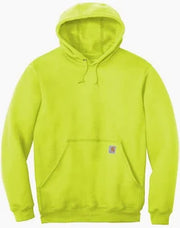 Bright yellow hoodie with a Carhartt logo on the pocket on a white background.