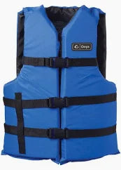 A blue life jacket with black straps on a white background