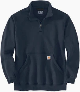 Navy 1/4 zip jacket with a Carhartt logo on the pocket on a white background.