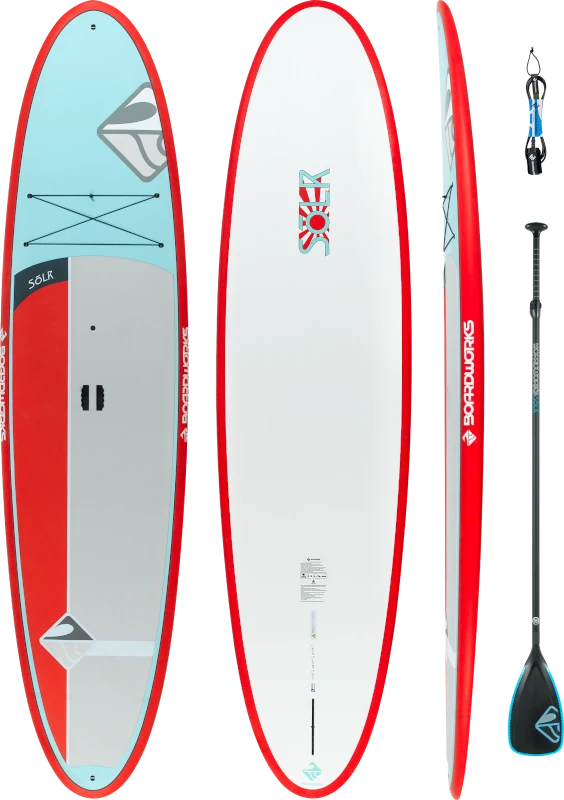 A light blue, red, and white paddleboard and a black paddle with blue details