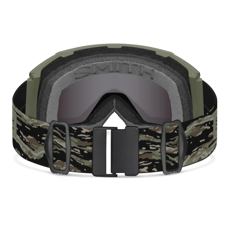 Camouflage goggles with a black strap on a white background
