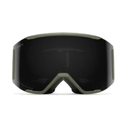 Black goggles with greenish-brown frame on a white background