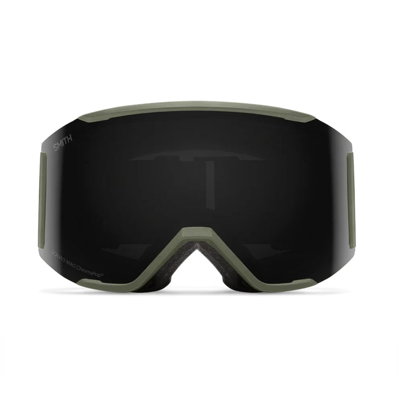 Black goggles with greenish-brown frame on a white background