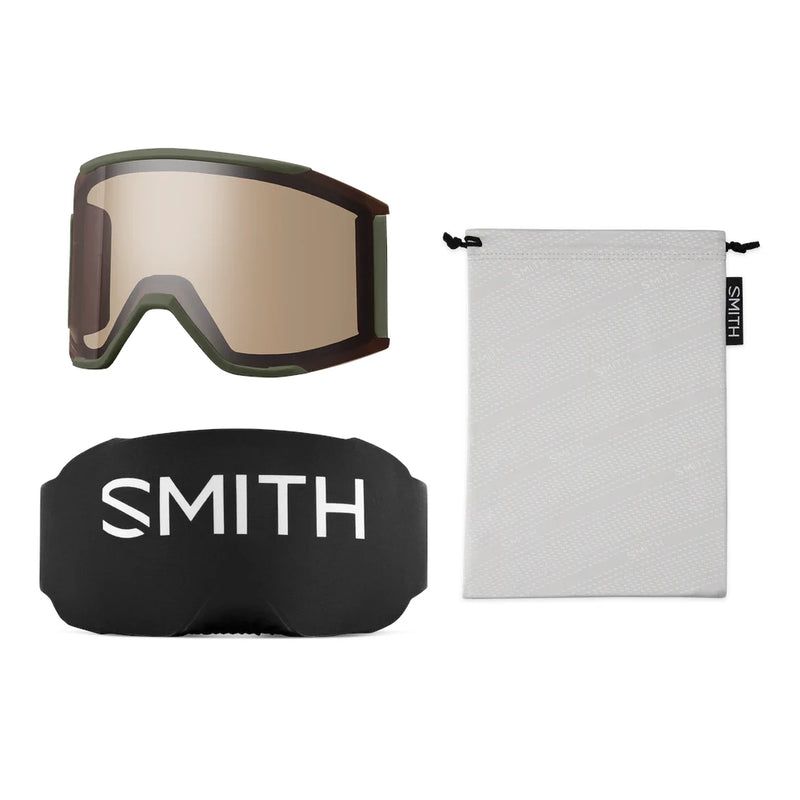 Smith goggles with a black strap and cleaning cloth on a white background