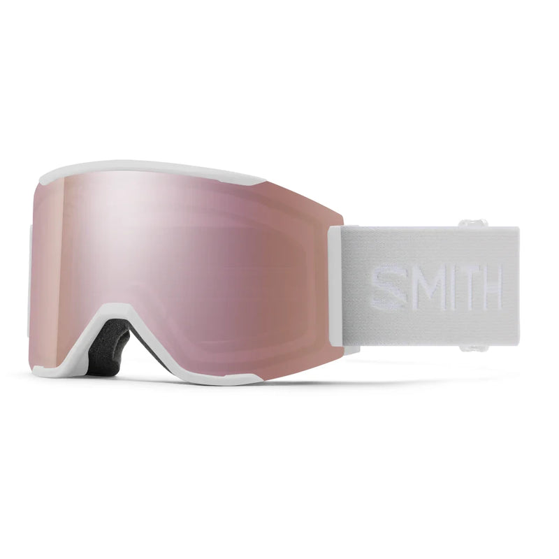 Smith snow goggles with pink lens on a white background