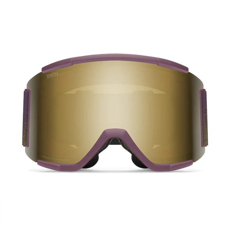 Gold goggles with purple frame on a white background
