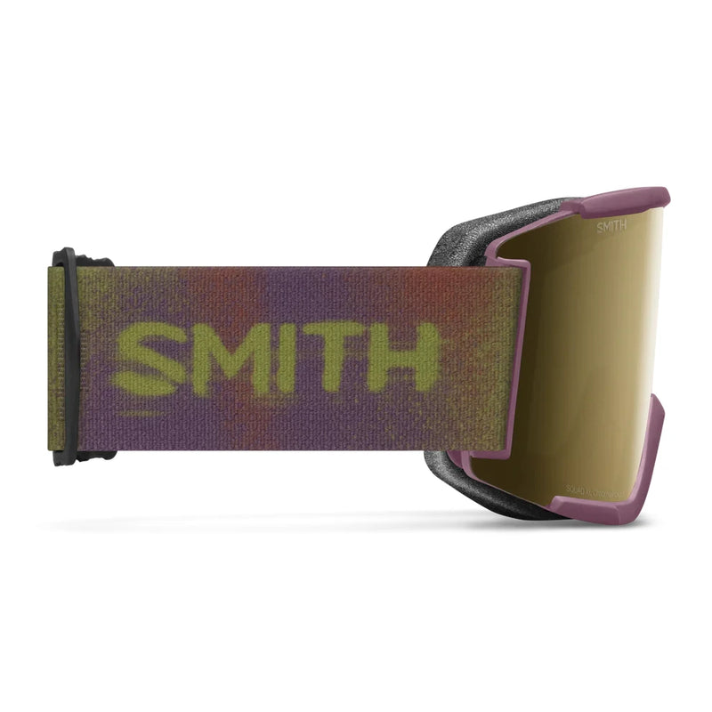 Smith goggles with a colorful strap on a white background
