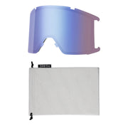 Blue ski goggles with a white pouch on a white background, featuring the Smith logo.